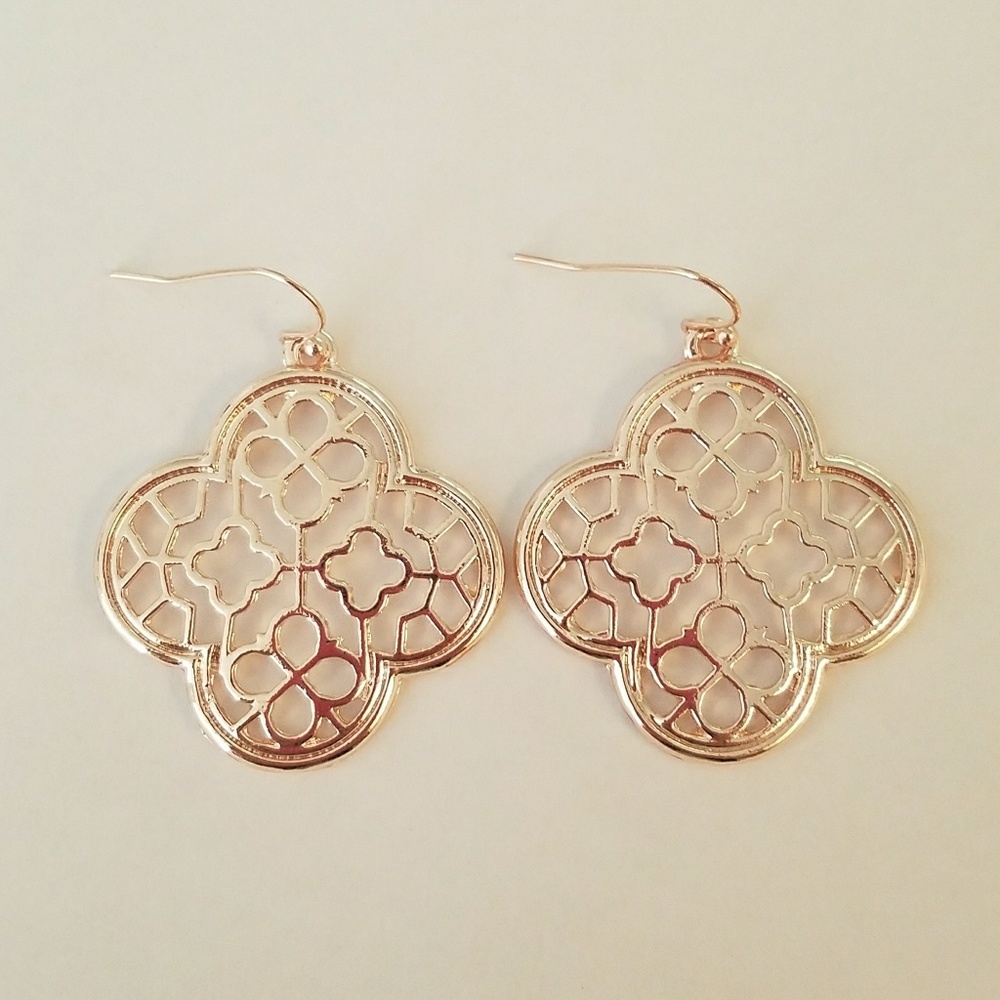 Rose Gold Tone Clover Filigree Earrings - Picture 2 of 4